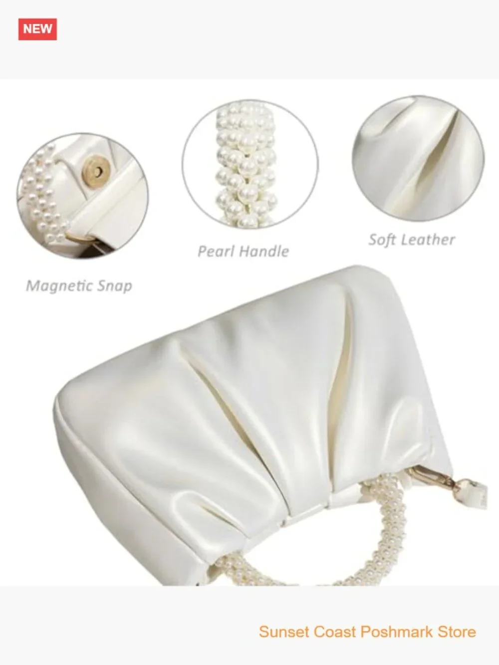 Small Pearl Leather Ruched Evening Clutch Purse with Crossbody Strap